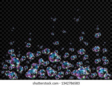 Realistic transparent colorful soap  bubbles with rainbow reflection isolated on checkered background. Vector texture.