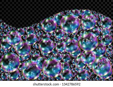 Realistic transparent colorful soap  bubbles with rainbow reflection isolated on wave background. Vector texture.