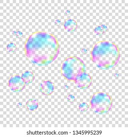 Realistic transparent colorful soap  bubbles with rainbow reflection isolated on checkered background. Vector texture.