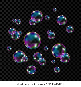 Realistic transparent colorful soap  bubbles with rainbow reflection isolated on checkered background. Vector texture.