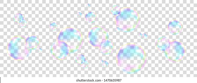 Realistic transparent colorful soap  bubbles with rainbow reflection isolated on checkered background. Vector texture.
