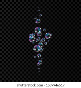 Realistic transparent colorful soap  bubbles with rainbow reflection isolated on checkered background. Vector texture.