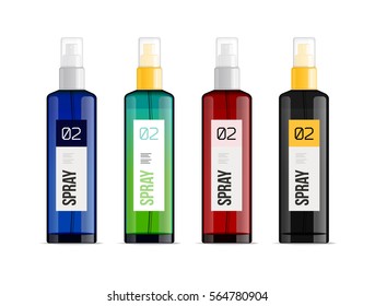 Realistic transparent cosmetic bottle sprayer container. Colored dispenser with label for cream, perfume, and other cosmetics. Mockup template for design. Vector illustration set.