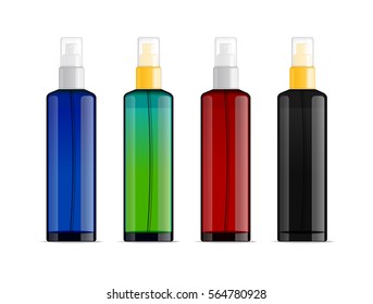 Realistic transparent cosmetic bottle sprayer container. Colored dispenser with cap for cream, perfume, and other cosmetics. Mockup template for design. Vector illustration set.