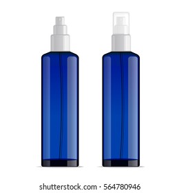 Realistic transparent cosmetic bottle sprayer container. Blue dispenser with cap for cream, perfume, and other cosmetics. Mockup template for design. Vector illustration set.