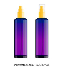 Realistic transparent cosmetic bottle sprayer container. Violet dispenser with golden cap for cream, perfume, and other cosmetics. Mockup template for design. Vector illustration set.