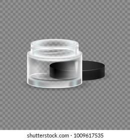 Realistic transparent cosmetic bottles. Fragrant face cream, in transparent glass jar, with plastic lid. Care of female beauty. Sun protection. Realistic mock-up, transparent. Illustration isolated.