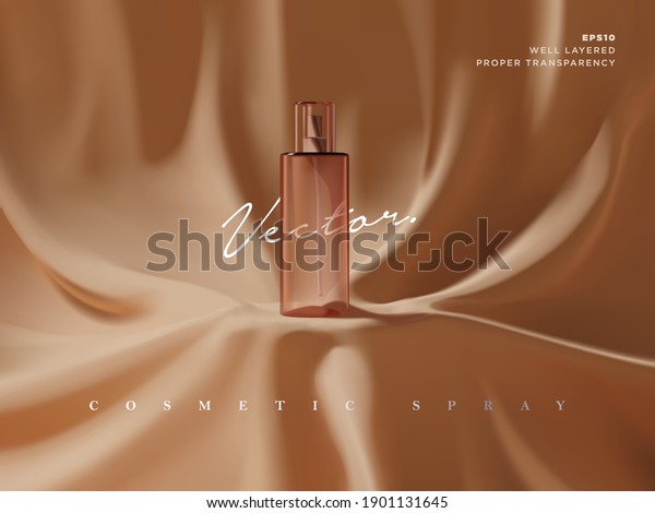 Realistic transparent
cosmetic spray bottle ads scene illustration. Elegant luxury fabric
drape podium for beauty product showcase or presentation. 3d
realistic vector