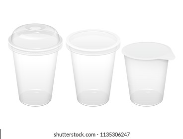 Realistic Transparent Disposable Plastic Cup With Lid. For various drinks, lemonade, fresh, coffee or ice cream. Mock up for brand template. vector illustration.