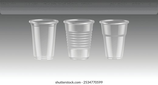 Realistic transparent disposable plastic cup set. Vector filled and empty transparent disposable plastic cup set. Container for cold, hot drink realistic templates
Realistic Transparent Disposable