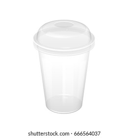 Realistic Transparent Disposable Plastic Cup With Lid. For various drinks, lemonade, fresh, coffee or ice cream. Mock up for brand template. vector illustration.