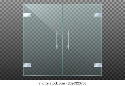 Realistic transparent double glass door isolated on transparent background. Glass door with reflection. Mockup template design for office building, shop, fashion boutique, mall, store. Vector