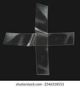 Realistic transparent double-sided tape pieces with smooth texture and subtle shadows. Ideal for creative designs, office themes, packaging visuals