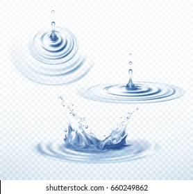 Realistic Transparent Drop and Circle Ripples isolated background . Vector illustration 