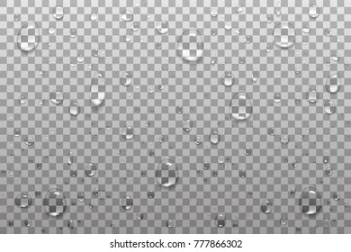 Realistic, transparent drops on a transparent background. Can be used with a different background. Vector illustration