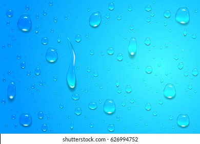 Realistic, transparent drops on a smooth surface or glass. Can be used with a different background. Vector illustration
