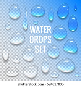 Realistic transparent drops of water with radiant reflections isolated objects