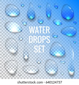 Realistic transparent drops of water with radiant reflections isolated objects