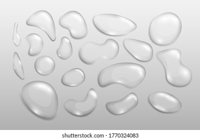 Realistic transparent drops water of various shapes. Set of condensation bubbles or realistic drip, H2O element and wet splash. Theme Humidity and transparency. Vector illustration, eps 10.