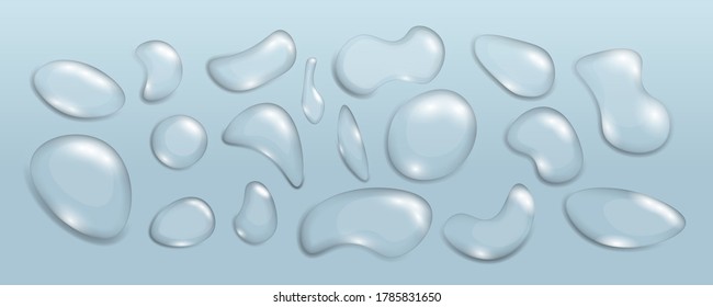 Realistic transparent drops water of various shapes. Set of condensation bubbles or realistic drip, H2O element and wet splash. Theme Humidity and transparency. Vector illustration, eps 10.