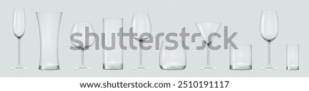 Realistic transparent empty glasses set. Vector mockup of glassware for water, alcohol, juice and other drinks. 