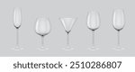Realistic transparent empty wine glasses set. Vector mockup of glassware for water, alcohol, juice and other drinks isolated on transparent background.
