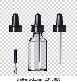 Realistic Transparent Essential Oil Bottle. Mock up Bottle. Cosmetic vial, flask.