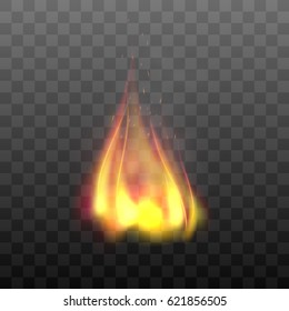 Realistic transparent flame effect. Fiery, burn graphic design element. Vector fire illustration isolated on black background