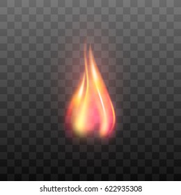 Realistic transparent flame effect. Fiery, burn graphic design element. Vector fire illustration isolated on black background
