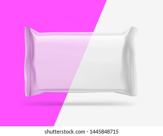 Realistic transparent flow pack mockup. Front view. Vector illustration. Easy to use for presentation your product, idea, design. EPS10.