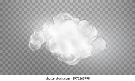 Realistic transparent foam soap with bubbles of soapy water. Design elements for washing powder, shampoo, skin cosmetics.
Isolated on a transparent background.