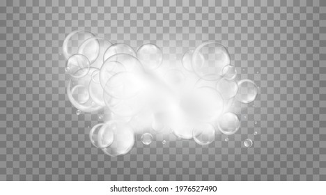Realistic transparent foam soap with bubbles of soapy water. Design elements for washing powder, shampoo, skin cosmetics.
Isolated on a transparent background.