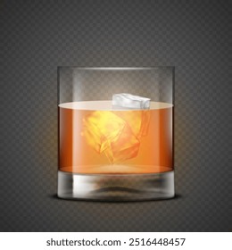 Realistic transparent glass with alcohol beverage with ice cubes. Whiskey, cognac, scotch, rum, bourbon, liquor mockup isolated on dark transparent background.