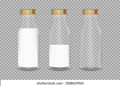 Realistic Transparent Glass Bottle with a Milk. Vector illustration.