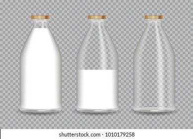 Realistic Transparent Glass Bottle with a Milk. Vector illustration.