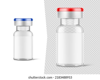 Realistic transparent glass bottles for injections mockup. Vector illustration isolated on white and transparent background. Can be use for medicine, cosmetic and other. Ready for your design. EPS10.	