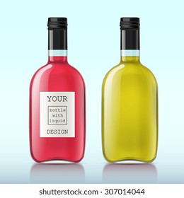 Realistic transparent glass bottles. Set of bottles with a liquid, alcohol, water, syrup, etc. The sample is perfect for your design. Vector illustration.