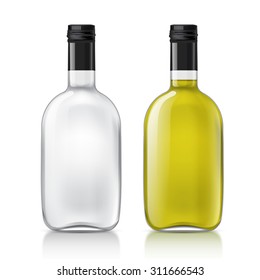 Realistic transparent glass bottles. Set of liquid, alcohol, water, syrup, etc. Excellent set of objects. Use this template empty bottles for your design. Vector illustration.