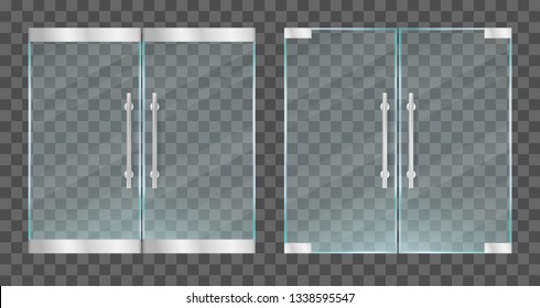 Realistic transparent glass doors with metallic handles. Vector illustration