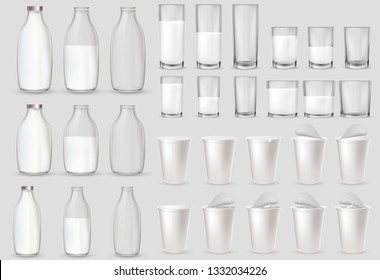 Realistic transparent glass glasses, bottle, plastic packages and cups for milk, yogurt, dairy sour cream, kefir, protein cocktail. Plastic cup with foil lid, cap. Mockup of farm product.