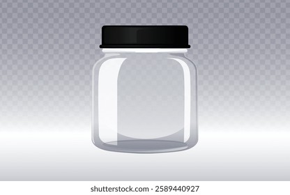 Realistic transparent glass jar with a black lid, perfect for packaging, product mockups, or kitchen-themed designs. Ideal for showcasing contents or branding concepts.