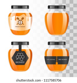 Realistic transparent glass jar with honey. Food bank. Honey packaging design. Honey logo. Mock up glass jar with design label or badges. Premium food product. Vector illustrations