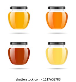 Realistic transparent glass jar with honey. Food bank. Honey packaging design. Honey logo. Mock up glass jar with design label or badges. Premium food product. Vector illustrations