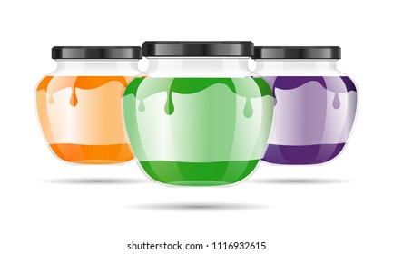 Realistic transparent glass jar with jam, confiture or sauce. Preserving packaging set. Label and logo for jam. Mock up jar with design label or badges. Vector illustrations.