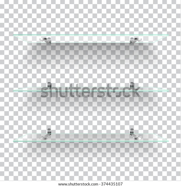 Realistic transparent glass shelves on light\
grey background. Vector eps10\
illustration