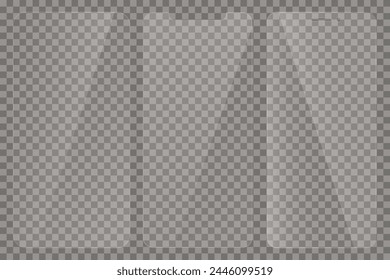  Realistisches transparentes Glasfenster im Rechteckrahmen. Set aus Schutzglas für Telefon. Realistische Reflexion. Glas auf schwarzem Hintergrund. Vektorillustration.	