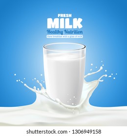 Realistic transparent glasses with pour milk splash on a blue background, vector illustration.