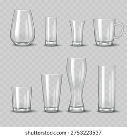 Realistic Transparent Glassware Mockup Set. Vector Empty Drinking Glasses, Mugs, Pints and Tumbler Templates