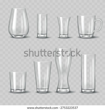 Realistic Transparent Glassware Mockup Set. Vector Empty Drinking Glasses, Mugs, Pints and Tumbler Templates