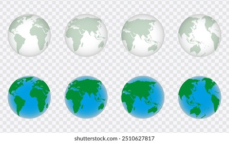 "Realistic transparent globes of Earth in globe shape, ideal for world map designs."